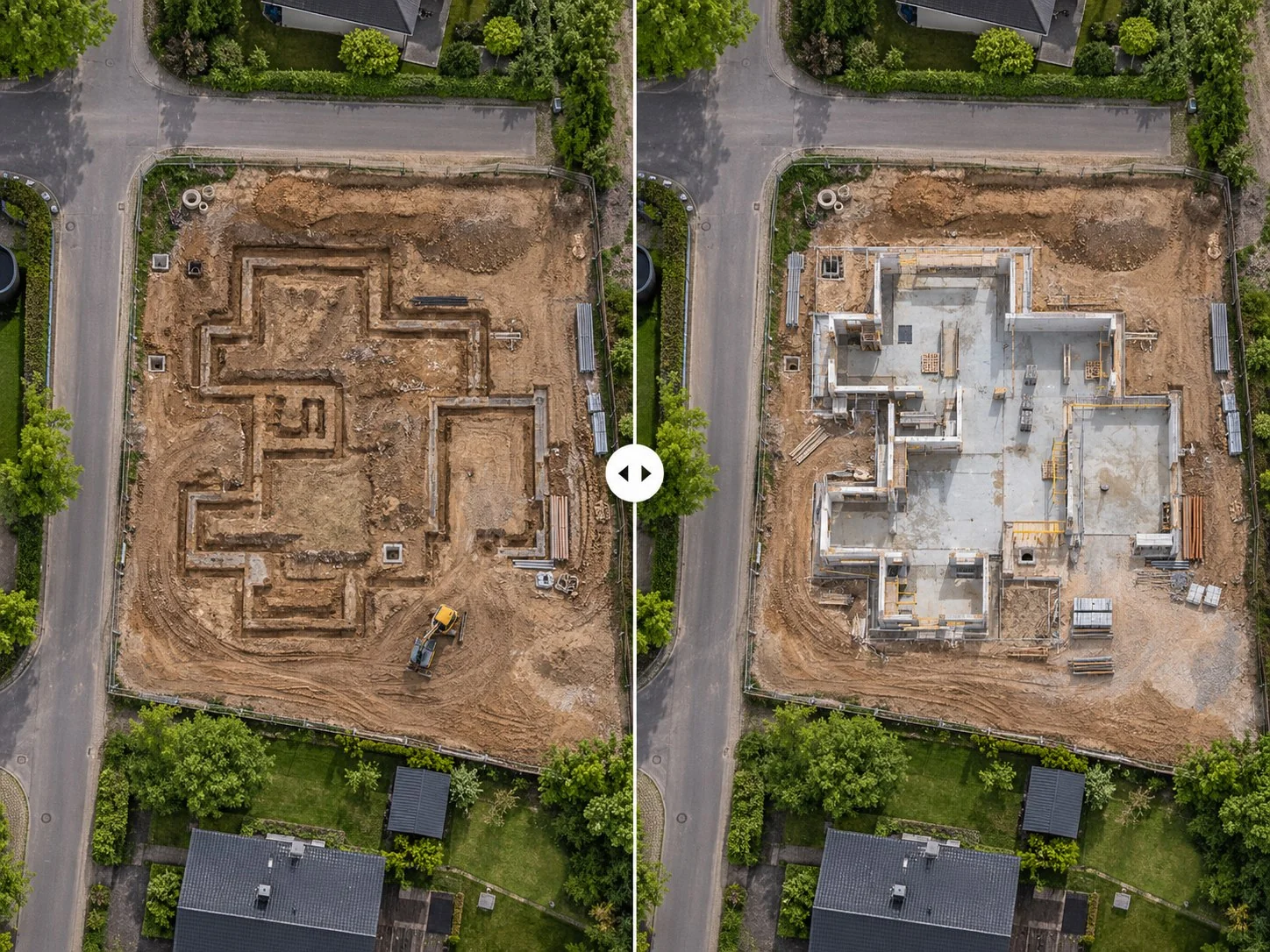 Comparação aérea de duas fases de uma obra.