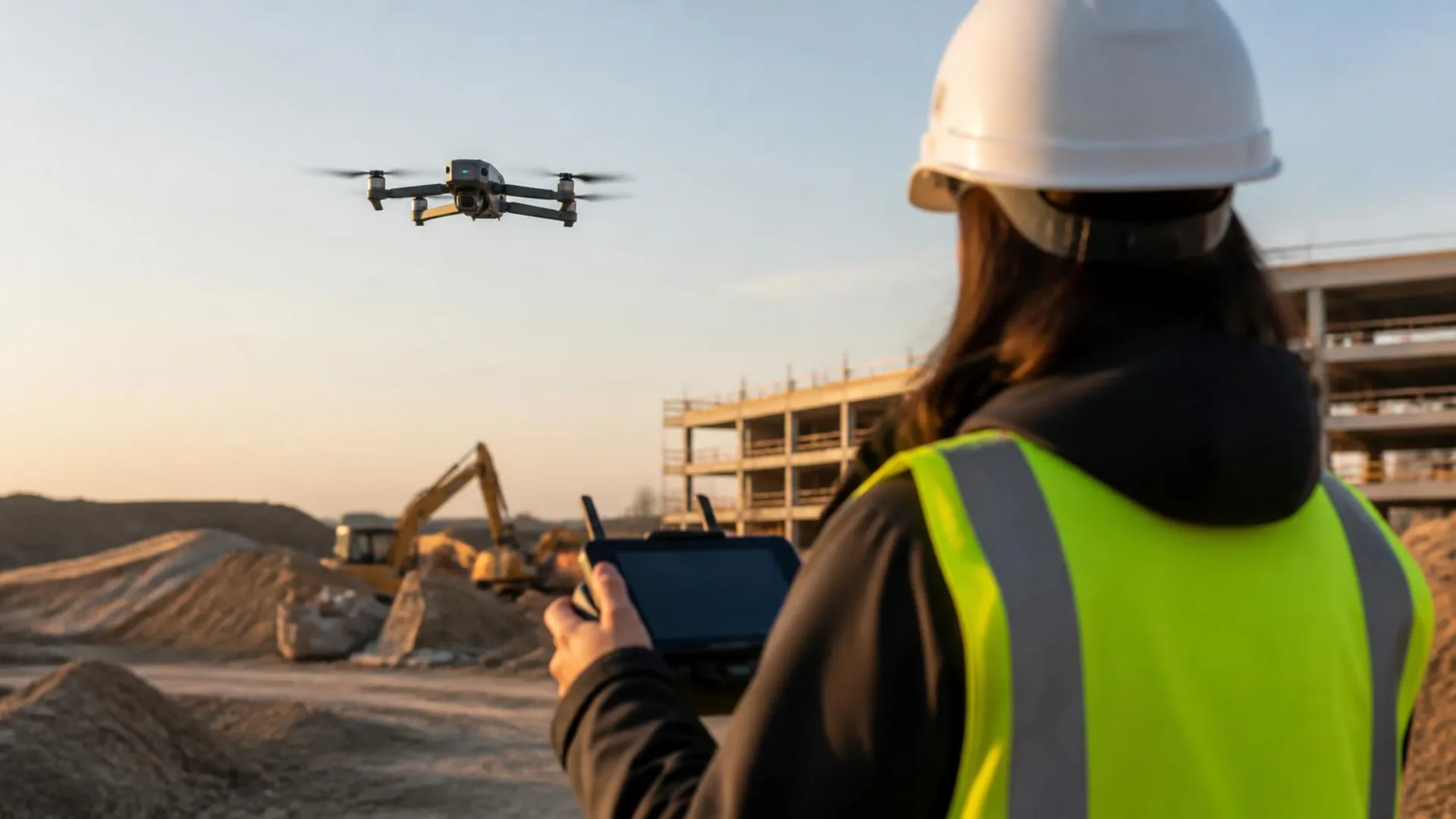 Piloto volando un dron profesional sobre una obra.